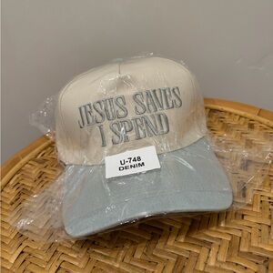 Beige and Blue Cap with Embroidered Text